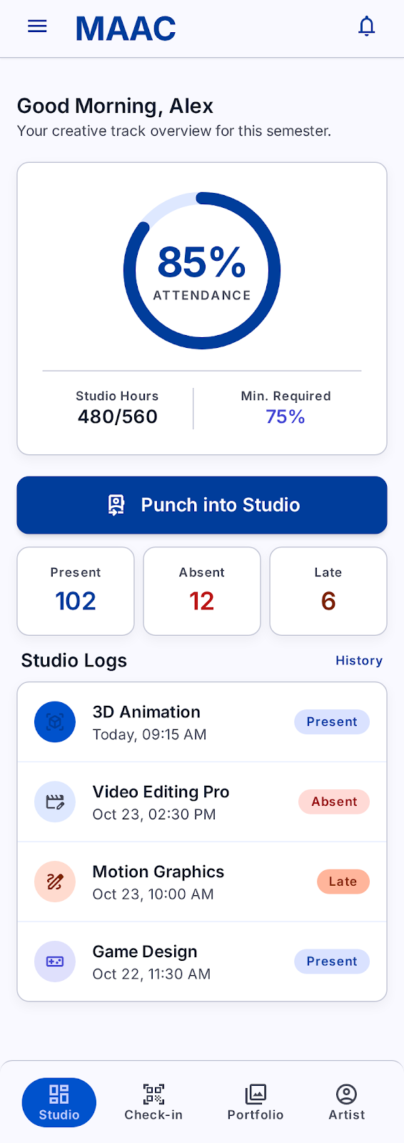 Dashboard · attendance at a glance